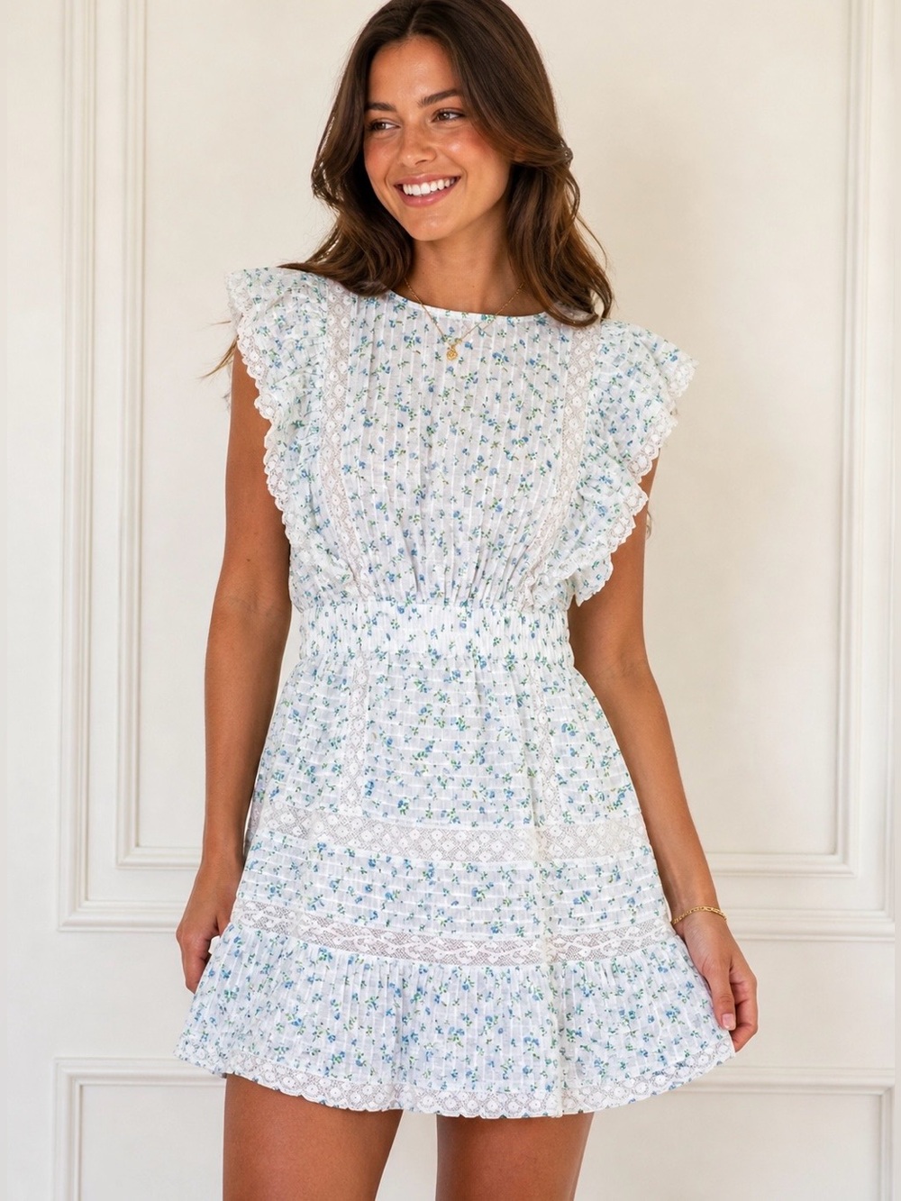 LoveShackFancy Roberta Small Mini Dress Bonnet Blue Floral NWT $365